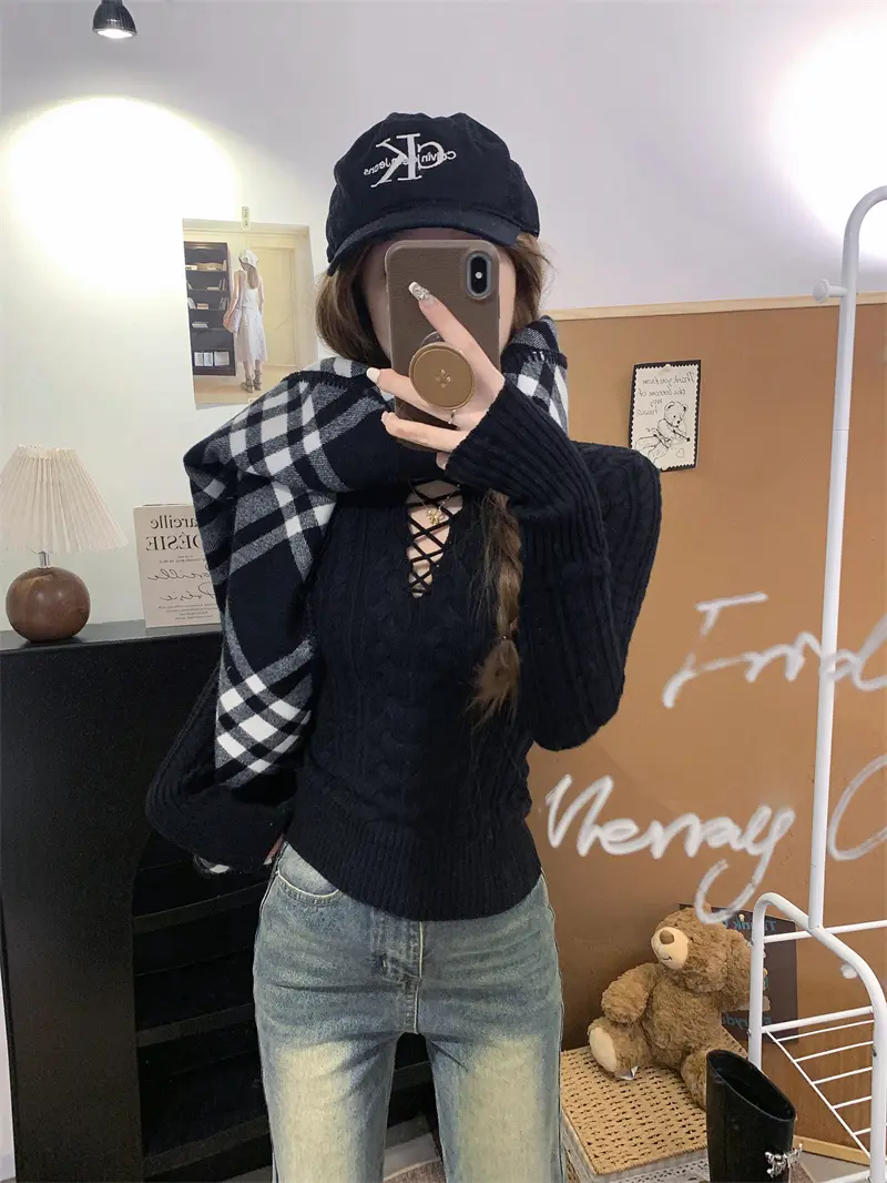 레트로 디자인 허리 조임 슬림 니트 상세 이미지 3