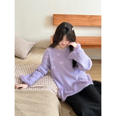 批发韩系钉珠立体蝴蝶拼接毛毛针织毛衣女秋<b class='q'>冬</b>新款宽松慵懒显瘦上衣