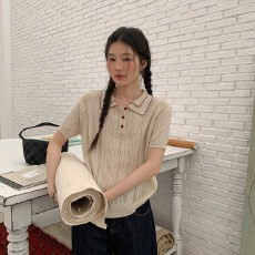 批发觅定POLO衫正肩短袖针织衫女夏季设计感薄款T恤韩系独特漂亮上衣