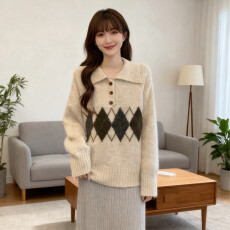 批发韩系秋冬<b class='q'>新款</b>半开翻领针织衫女装宽松学院慵懒风花纱<b class='q'>毛衣</b>外套上衣