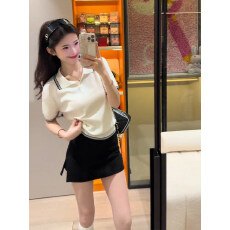 批发美式复古撞色短袖polo针织衫<b class='q'>女</b>夏季气质翻领修身显瘦内搭短款上衣
