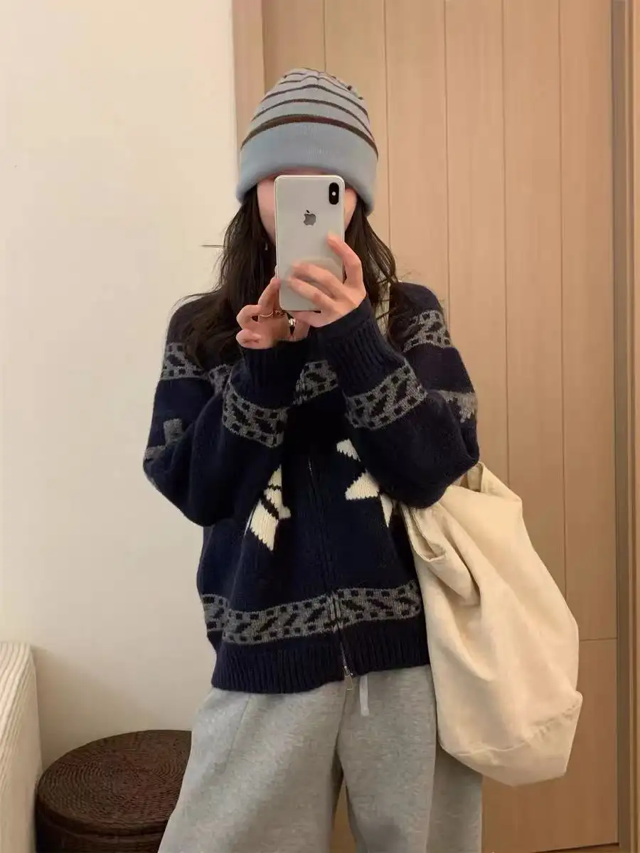 폴드 칼라 지퍼 니트 카디건 상세 이미지 1