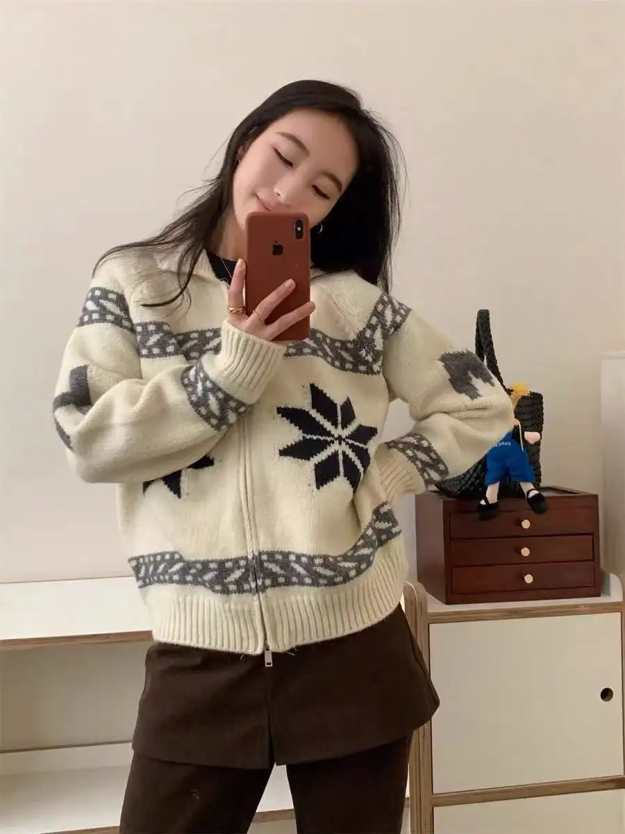 폴드 칼라 지퍼 니트 카디건 상세 이미지 4