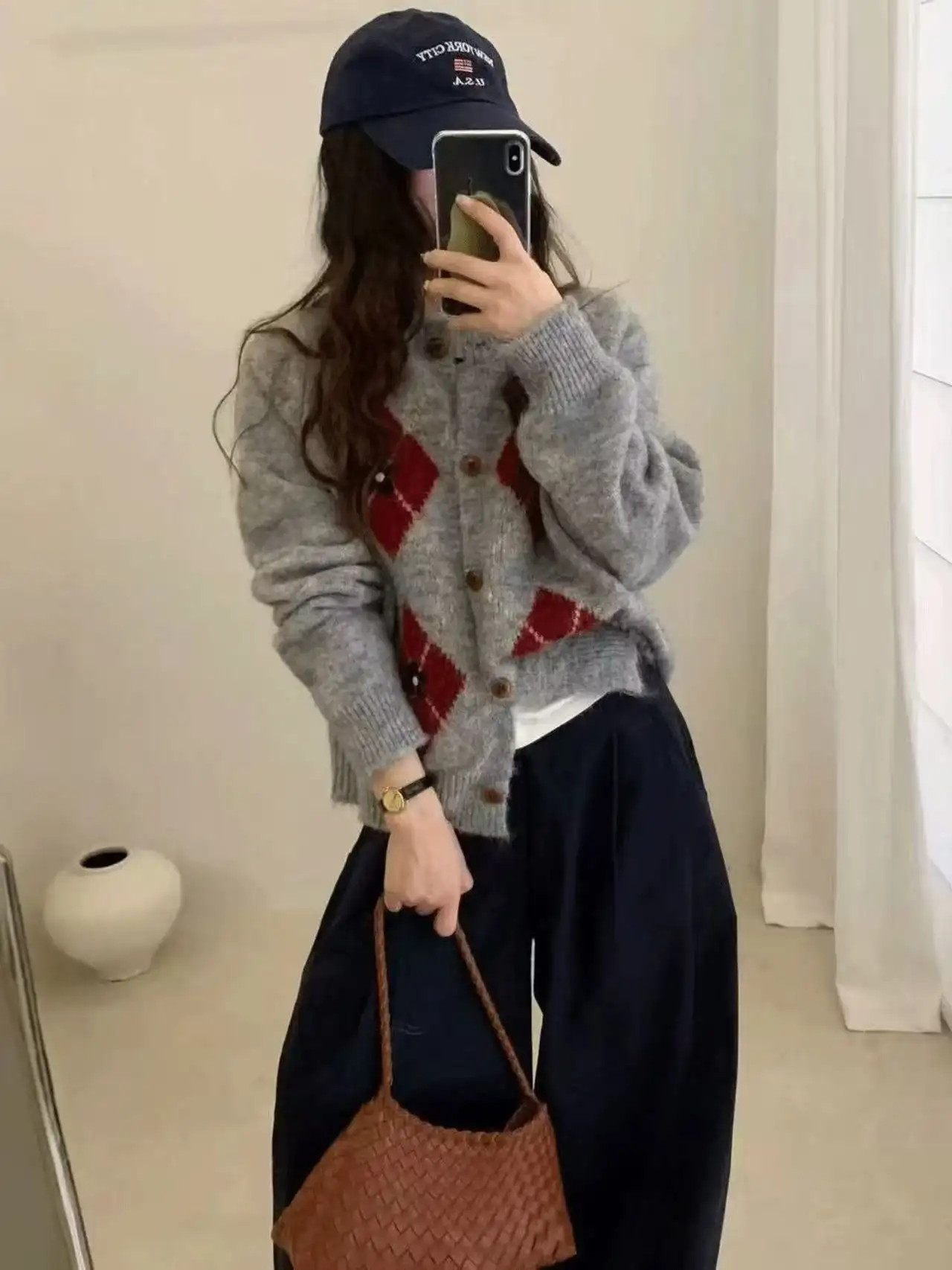 한국인기 레트로 다이아몬드 니트 가디건 상세 이미지 3