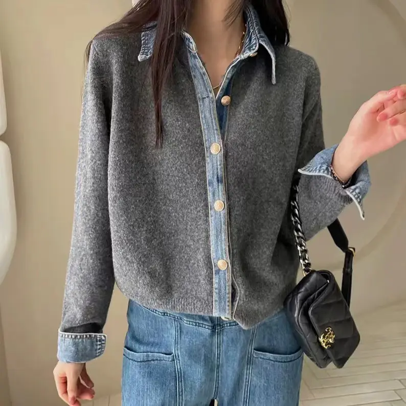 데님 배색 폴로넥 울 가디건 상세 이미지 1