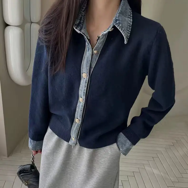 데님 배색 폴로넥 울 가디건 상세 이미지 2