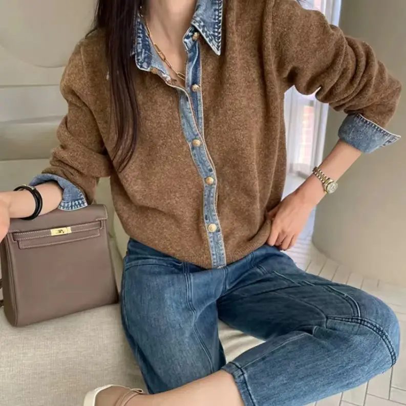 데님 배색 폴로넥 울 가디건 상세 이미지 3