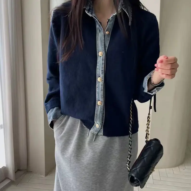 데님 배색 폴로넥 울 가디건 상세 이미지 4