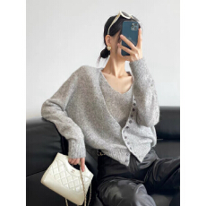 批发背心针织开衫两件套装女<b class='q'>春</b>秋宽松V领设计感毛衣上衣