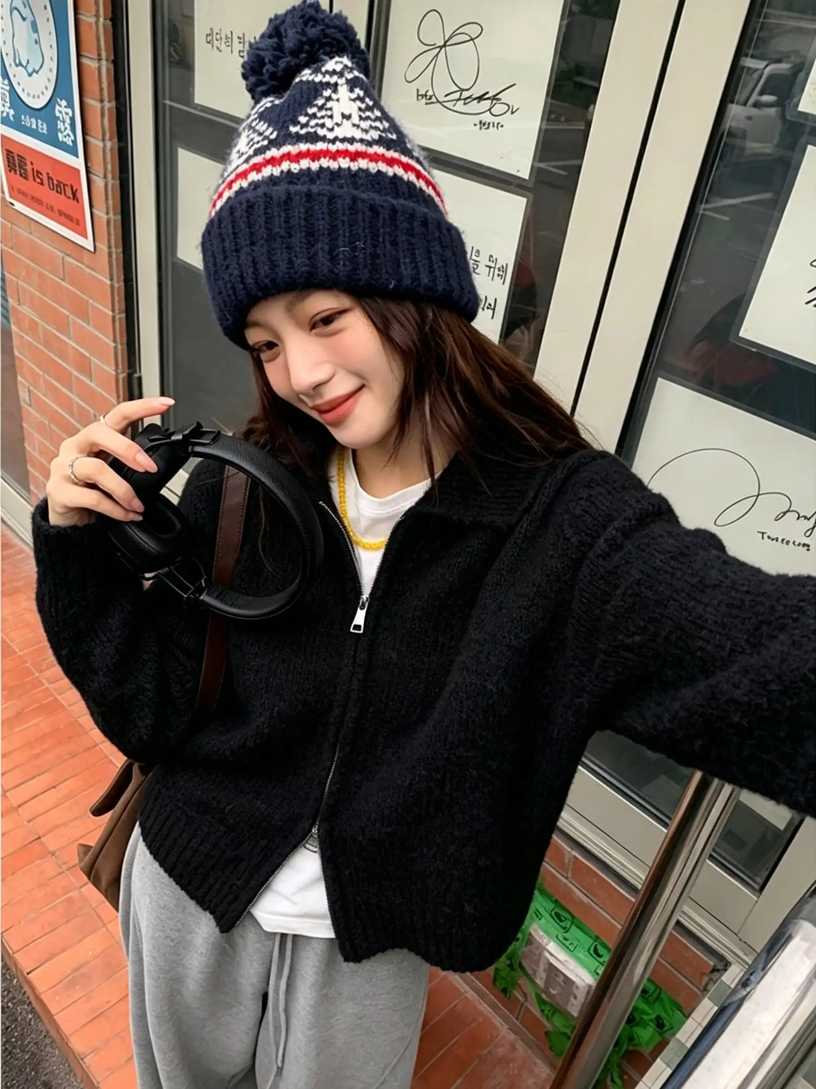 울 더블 지퍼 폴드 칼라 니트 카디건 상세 이미지 3