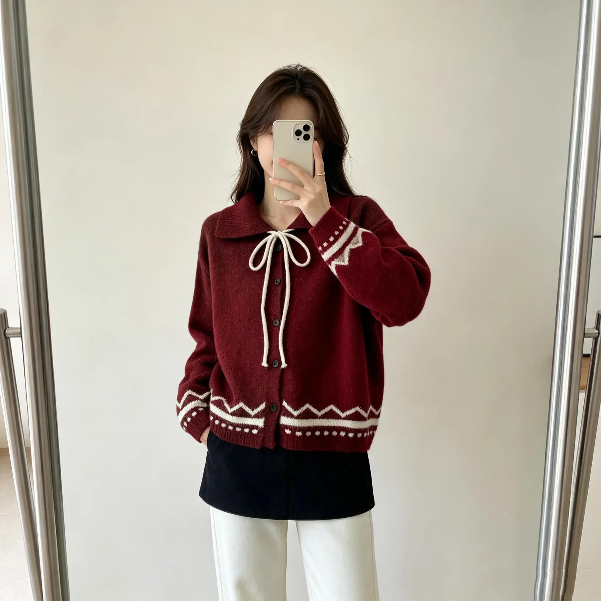 한국인기 레트로 페어아일 폴드 칼라 가디건 니트 상세 이미지 3
