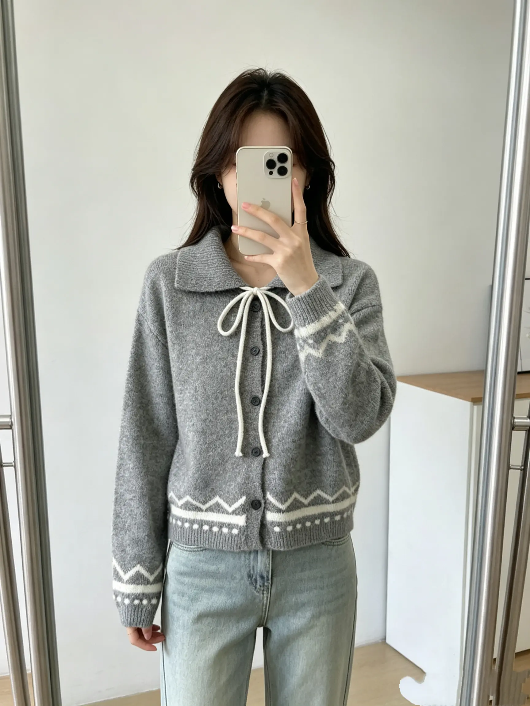 한국인기 레트로 페어아일 폴드 칼라 가디건 니트 상세 이미지 8