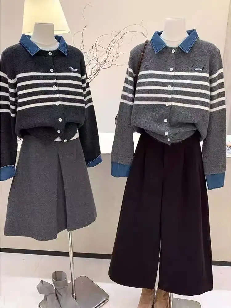레트로 폴드 칼라 스트라이프 자수 니트 가디건 상세 이미지 4