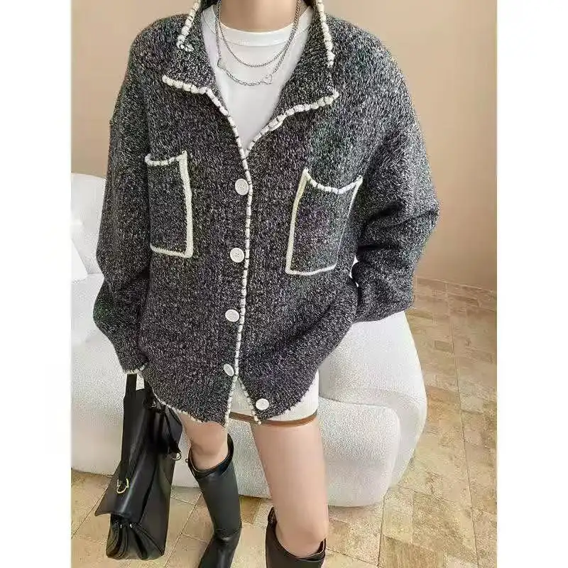 배색 디자인 울 가디건 상세 이미지 1