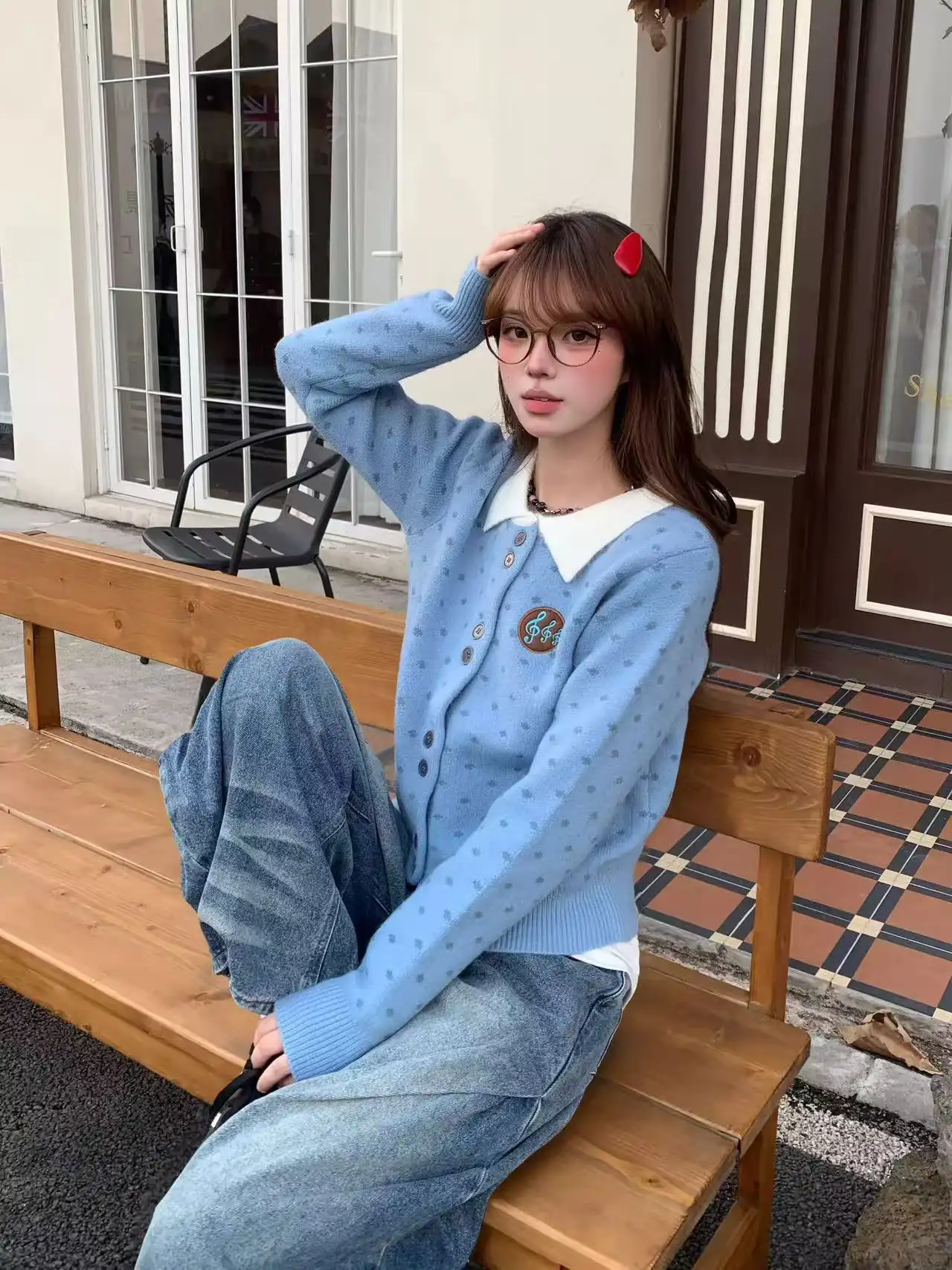 한국인기 프레피 폴로 칼라 배색 가디건 상세 이미지 1
