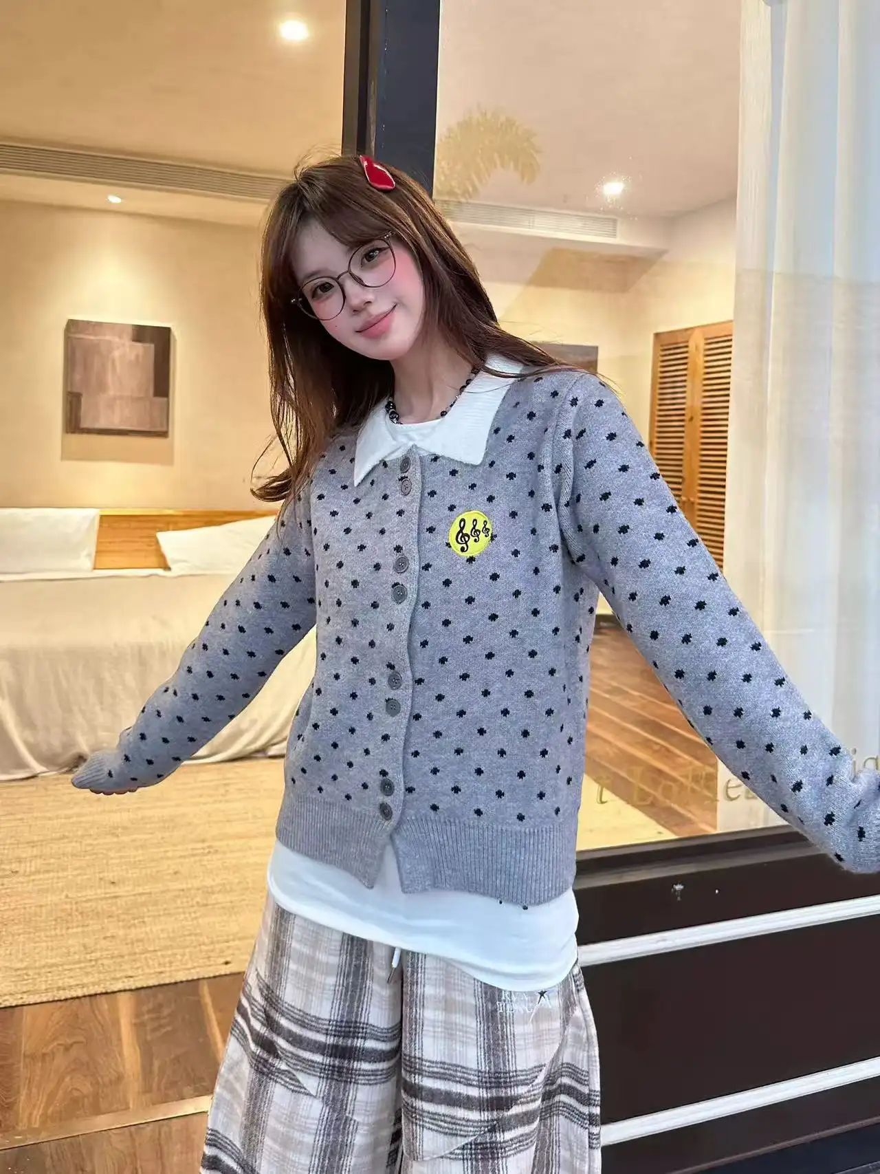 한국인기 프레피 폴로 칼라 배색 가디건 상세 이미지 2