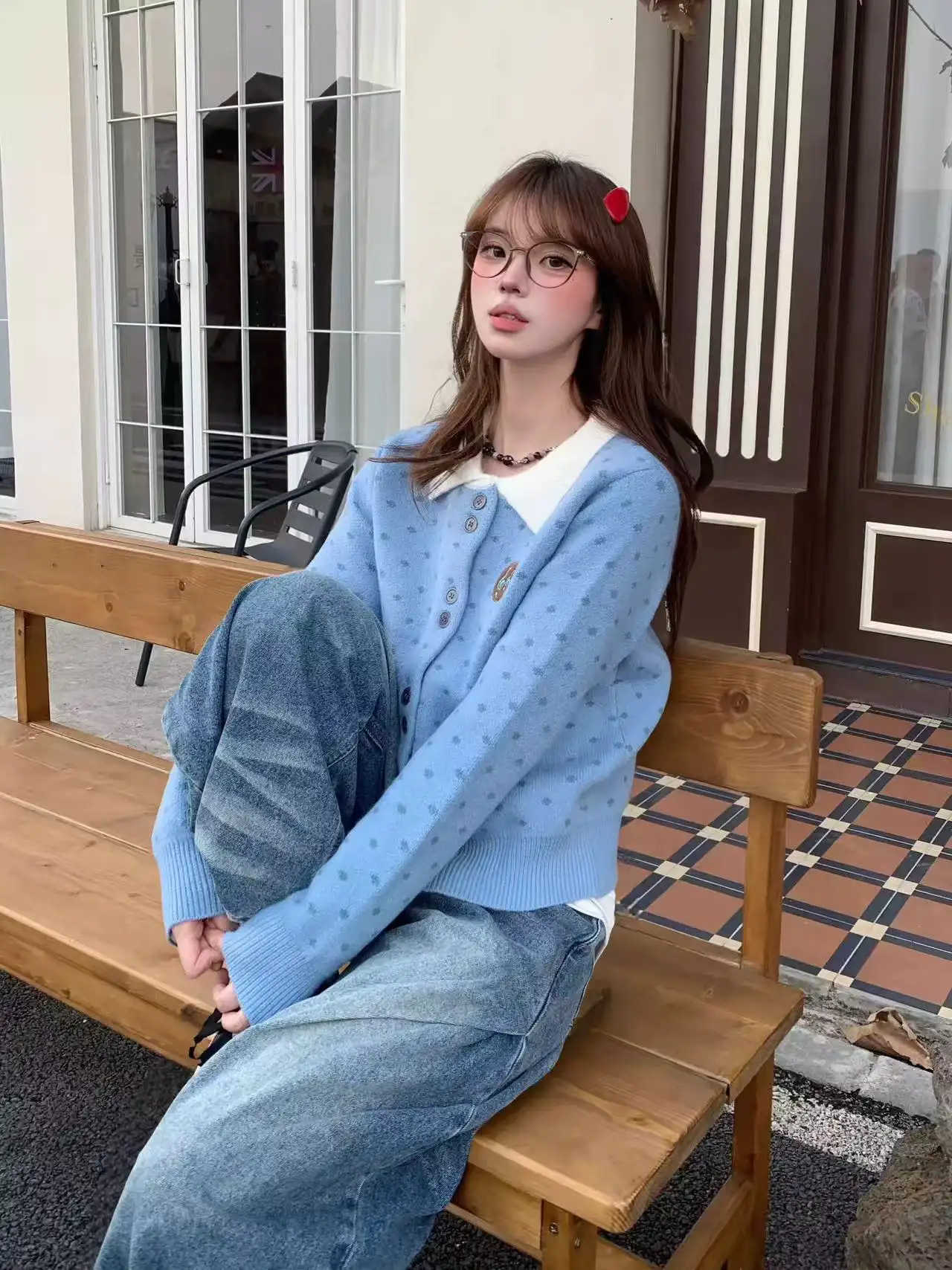 한국인기 프레피 폴로 칼라 배색 가디건