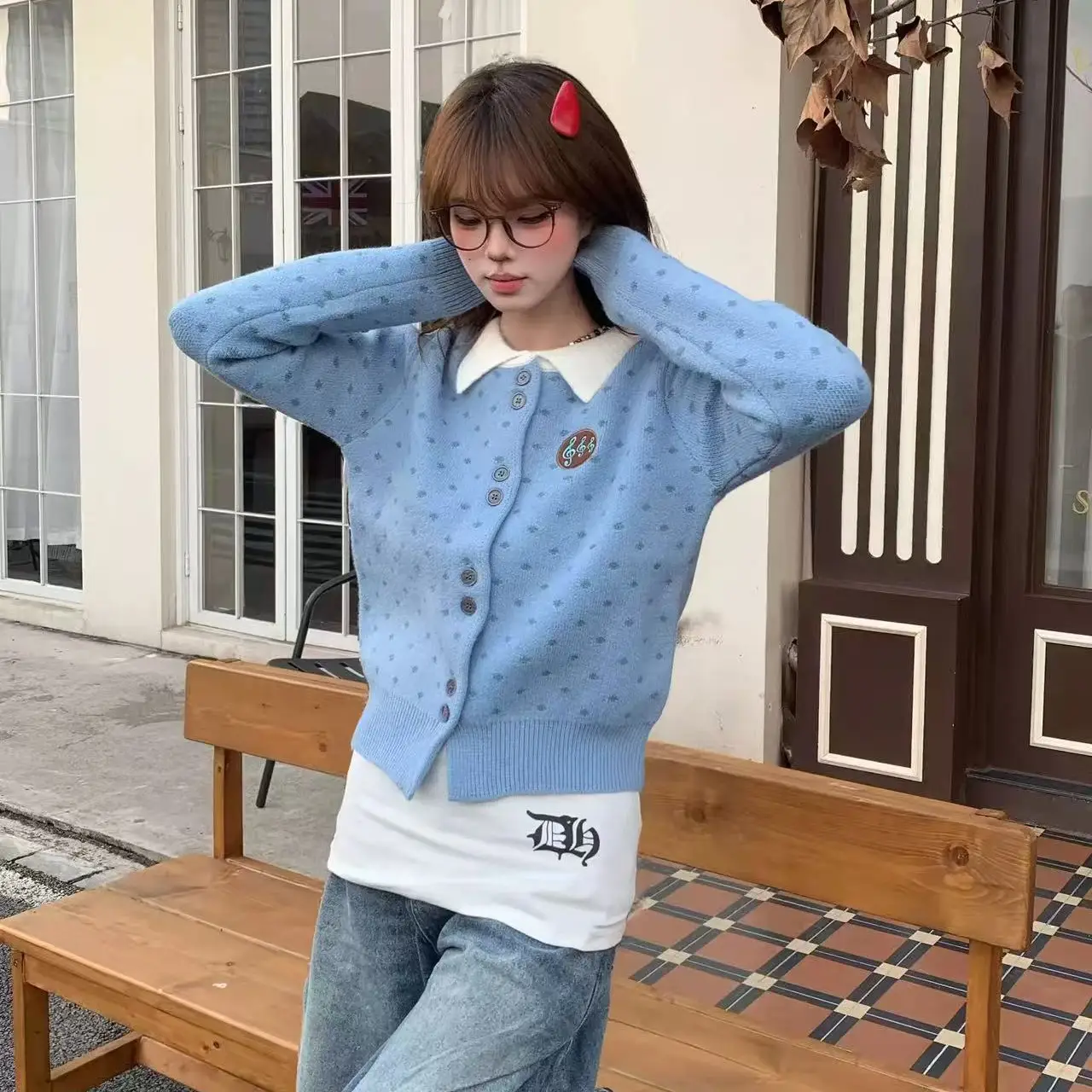 한국인기 프레피 폴로 칼라 배색 가디건 상세 이미지 5