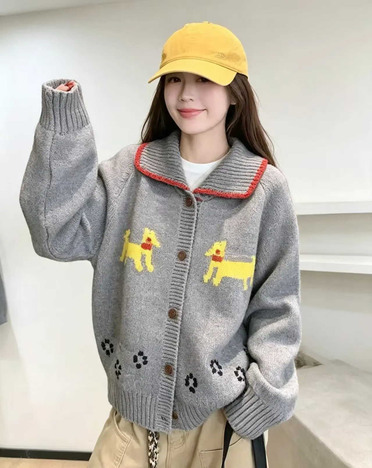 레트로 루즈핏 폴드 칼라 울 가디건 상세 이미지 6