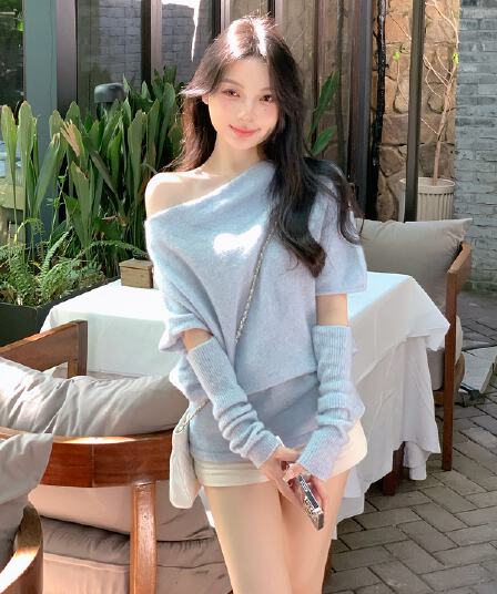 마 하이 양모 혼합 오프숄더 소매 커버 스웨터 여자 가을 겨울 느긋한 고급 센스 비스듬한 어깨 의류 인사이드 가져 가라.