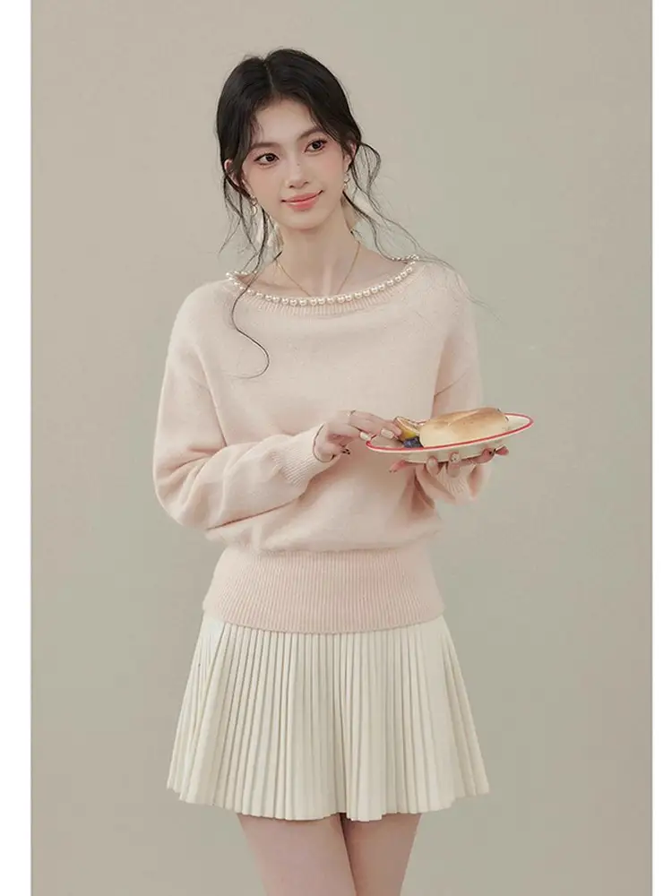 진주 장식 라운드넥 울 니트 상세 이미지 2