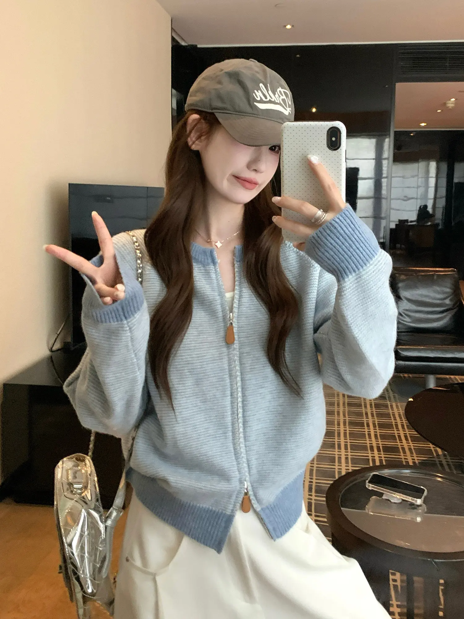 한국인기 배색 스트라이프 지퍼 가디건 상세 이미지 12