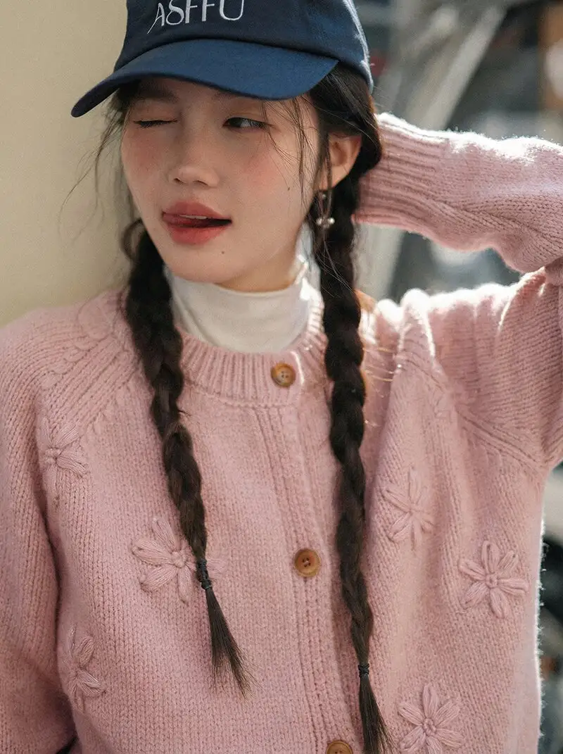 한국인기 입체 플라워 라운드넥 가디건 상세 이미지 9