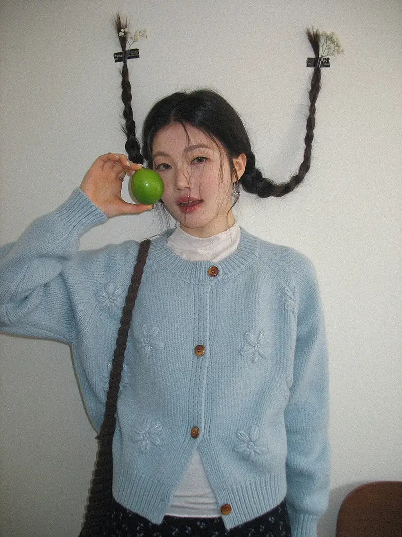 한국인기 입체 플라워 라운드넥 가디건 상세 이미지 17