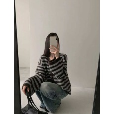 批发美式复古条纹<b class='q'>V领</b>针织衫女春季新款修身显瘦软糯开衫长袖毛衣外套