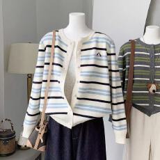 批发复古显瘦条纹撞色毛衣<b class='q'>外套</b>开衫针织衫短款宽松女装长袖秋冬季上衣