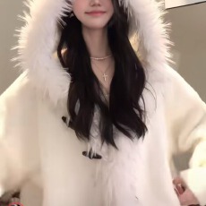 批发韩系甜美少女风连帽毛毛外套女2026秋冬宽松牛角扣针织拼接<b class='q'>开衫</b>