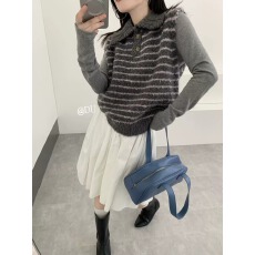 批发秋季新款软糯毛茸茸翻领条纹针织衫马甲背心女无袖毛衣坎肩上衣潮