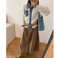 批发秋冬PoIol领拼接<b class='q'>牛仔</b>小众设计感针织开衫毛衣女宽松外套
