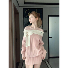 批发巨好看的早秋裙子针织一字肩打底<b class='q'>短款</b>连衣裙新款短裙女装