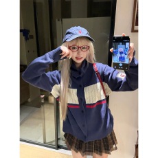 批发美式学院风拼色纽扣开衫针织毛衣<b class='q'>春</b>秋宽松休闲百搭外套