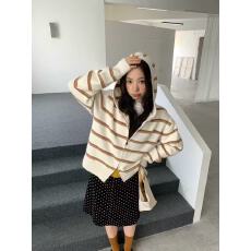 批发秋季<b class='q'>女士</b>条纹连帽毛衣女款2026新款宽松拉链<b class='q'>针织衫</b>外穿上衣秋冬