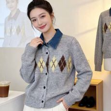 韩系polo领软糯学院风拼色菱形格针织开衫女春秋新款韩版毛衣外套
