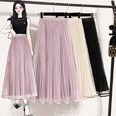 批发实拍时尚气质网纱双层松紧腰2026春夏宽松显瘦中长裙