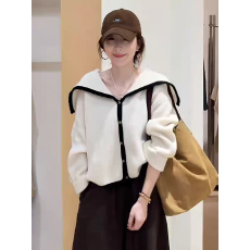 批发法式海军领灰色毛衣开衫女秋冬季慵懒风针织外套巨好看的早秋上衣