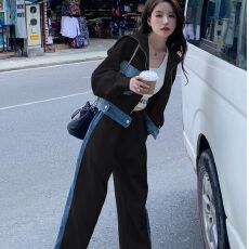 批发/现货 牛仔拼接休闲运动套装女<b class='q'>秋</b>冬2025新款流行减龄学院风