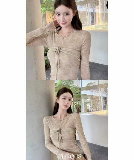 감사합니다. 아니요 고기 프릴 라운드 넥 홀치기 염색 꽃무늬 사실 두 조각 긴팔 티셔츠 여성 가을 캐주얼 슬림해 보이는 패션 맨위