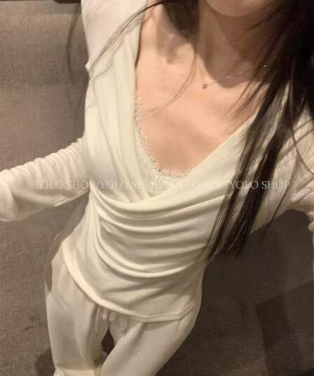 yolo shop 주간 실크 양모 레이스 페이크 레이어드 흔들다 칼라 긴팔 맨위 고급 품격 V넥 인사이드 가져 가라. 만나는