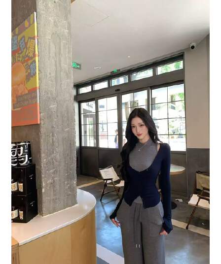 farte shop 서울 유럽 니켈 회색 조끼 V넥 파란색 오픈 가디건 두 조각 여성 세트 봄 가을 맨위