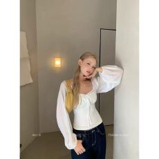 批发8uioio'英区秋霭'白色灯笼长袖雪纺衫女秋季新款微透网纱收腰上衣