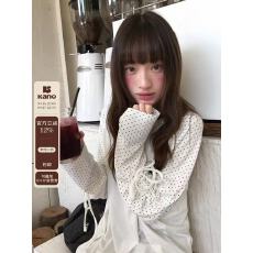 批发你好卡农 撞色插肩波点抽绳<b class='q'>长袖</b><b class='q'>t</b><b class='q'>恤</b>女秋新款宽松显瘦慵懒风上衣
