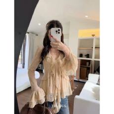 批发谢不肉 V领荷叶边蕾丝绣花飘带<b class='q'>长袖</b>衬衫女秋韩系温柔设计感上衣