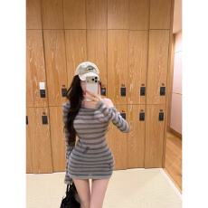 批发Cher 巧儿元英美学条纹针织衫女秋季斜肩羊毛上衣<b class='q'>长</b>袖打底衫