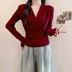 批发慵懒风V领长袖T恤女2025<b class='q'>秋</b>冬新款大码胖mm打底衫收腰显瘦上衣