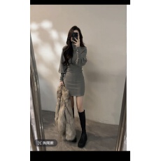 批发复古冬季灯笼袖半高领连衣裙<b class='q'>秋</b>冬裙子褶皱收腰短裙