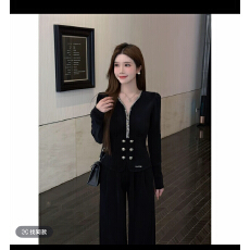 批发宝藏星耀巴黎之夜冬季水钻V领纽扣上衣直筒百搭裤加绒套<b class='q'>装</b>